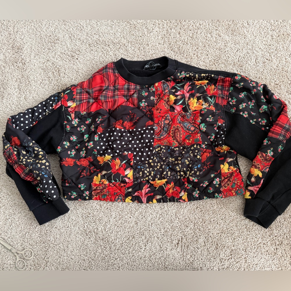 Zara Cropped Patchwork Sweater Multicolor Knit Size Large Trendy